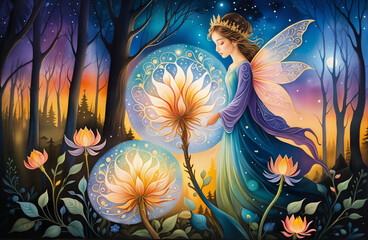 Fairy Queen with Glowing Flowers in Enchanted Forest