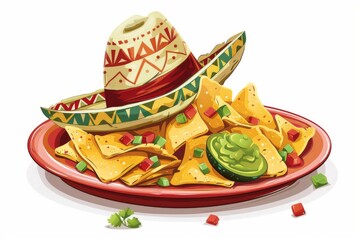 A festive Mexican hat on a plate of crispy nachos and guacamole, perfect for a fiesta celebration