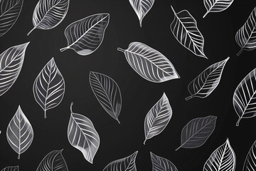 Detailed white leaf drawings on dark background seamless pattern
