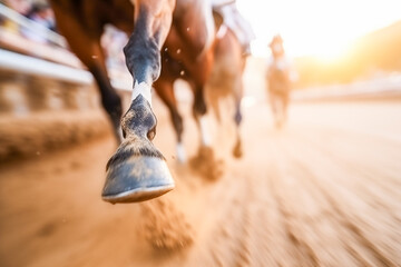 Horse Racing Close-up. Hooves Pounding the Track