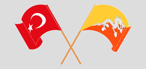 Crossed flags of Turkiye and Bhutan. Official colors. Correct proportion