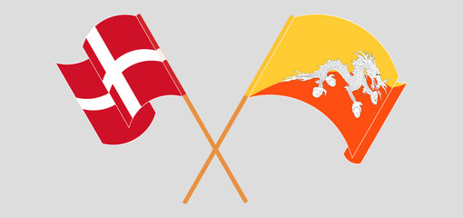 Crossed flags of Denmark and Bhutan. Official colors. Correct proportion