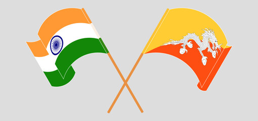 Crossed flags of India and Bhutan. Official colors. Correct proportion