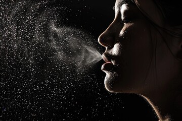 A woman refreshing herself by blowing water on her face. Suitable for beauty and skincare concepts