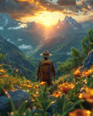 Solo 3D cartoon adventurer hiking with a backpack in lush green mountains, sunset background - obrazy, fototapety, plakaty