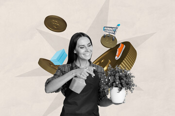 Creative image collage young smiling woman spray water houseplant cultivating golden coins trader...