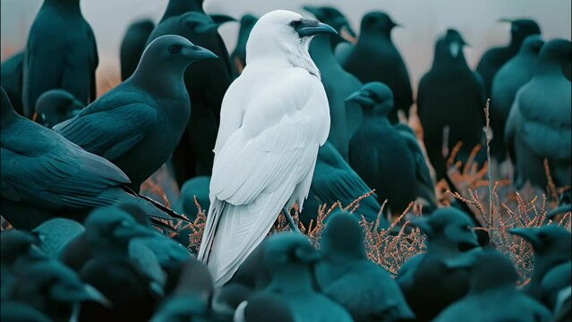 One white crow sitting among ordinary black crows. Albino concept