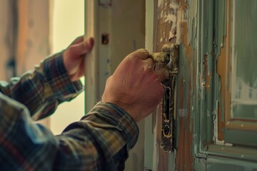 A man is opening a door with a handle. Suitable for home improvement concepts