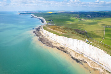 Seven sisters, Belle Tout Lighthouse, famous tourism location and world heritage in south England, Spring outdoor, aerial view