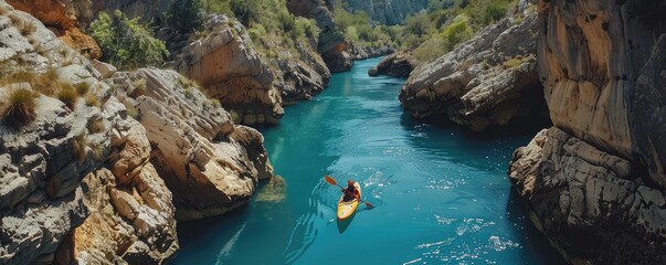 A hight angle view of the few people kayaking on the river in the middle of two cliffs