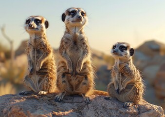 Three meerkats standing on rock.