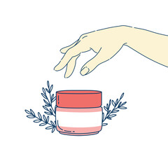 Female hand holding cream. Skincare products. Hand and body cream. Daily skin care routine and hygiene concept