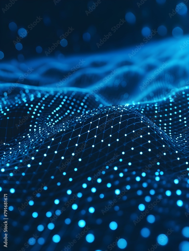 Poster blurred data science wallpaper in blue colors. abstract network of dots and lines