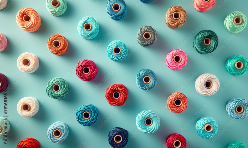 Poster a colorful array of yarns are laid out on a blue background. yarns are of various colors and sizes, 