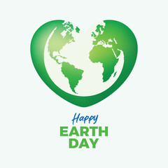 Happy Earth Day poster with green heart vector illustration. Environmental protection symbol. Planet Earth and green shiny heart shape icon. Template for background, banner, card. April 22 each year