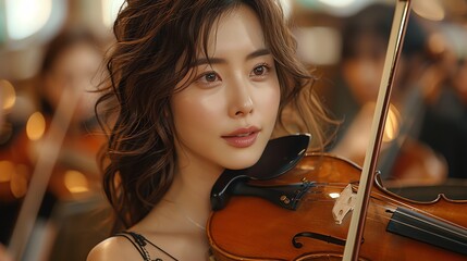 screen shot from korean drama, Romantic Elegant portrait of a classical violinist in midperformance, intense focus and emotion visible, with a softly blurred concert hall background - obrazy, fototapety, plakaty