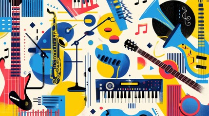 A cute and colorful Memphis-inspired design featuring musical instruments  AI generated illustration