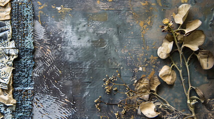 Torn creased glued paper texture. Ripped wrinkled white paper poster pieces and a sprig of ginkgo biloba