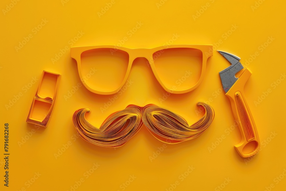 Poster glasses, scissors, and a mustache arranged neatly on a white surface. suitable for various design pr