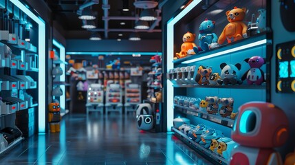 A cute and quirky 3D rendering of a futuristic pet shop filled with robotic animals  AI generated illustration - obrazy, fototapety, plakaty