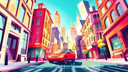 Zelfklevend Fotobehang A cute and quirky illustration of a cartoon car racing through a vibrant city  AI generated illustration © ArtStage
