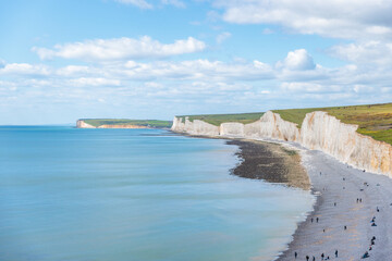 Seven sisters, Cliff and Ocean, famous tourism location and world heritage in south England, Spring outdoor, aerial view landscape