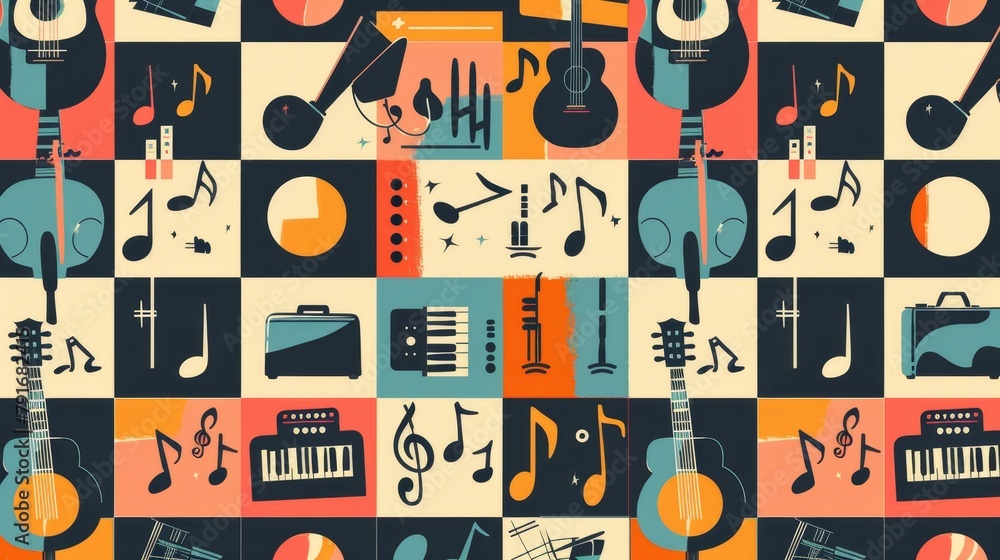 Poster a cute and trendy design with musical elements arranged in a grid pattern ai generated illustration