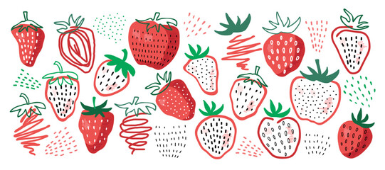 Red Strawberry doodle sketch set isolated on white background. Colored strawberry.Vector sweet berries organic food. Summer tropical elements cartoon style for nursery, prints, textile. Red berries.