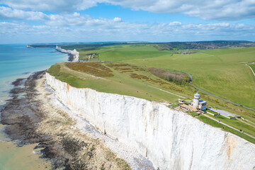 Seven sisters, Belle Tout Lighthouse, famous tourism location and world heritage in south England, Spring outdoor, aerial view