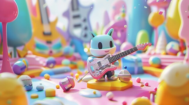 A cute character playing a tiny guitar in a whimsical 3D environment  AI generated illustration