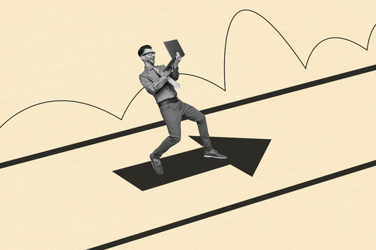 Composite artwork collage of young excited man surfing huge arrow staring laptop hold in hand office manager project success developer - Powered by Adobe