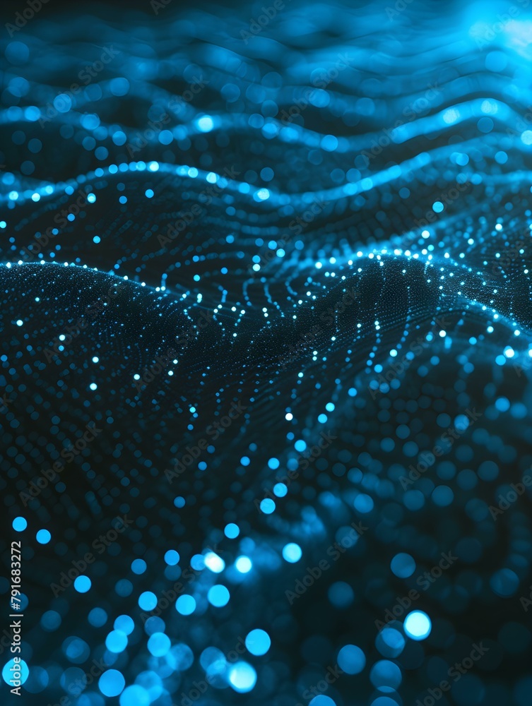 Poster blurred data science wallpaper in cyan colors. abstract network of dots and lines