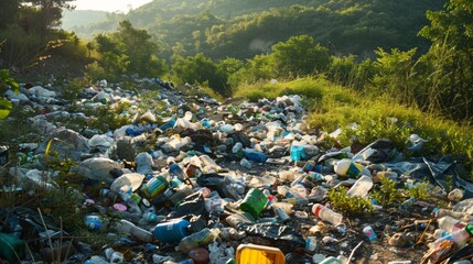 A large pile of trash and bottles on a hillside, AI