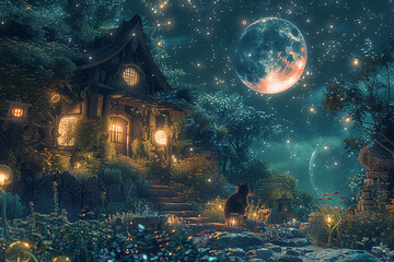 A house with a cat sitting on a porch in front of a moon and stars