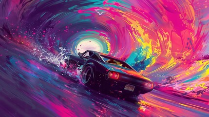 A digital art piece featuring a sports car drifting through a technicolor vortex  AI generated illustration - obrazy, fototapety, plakaty