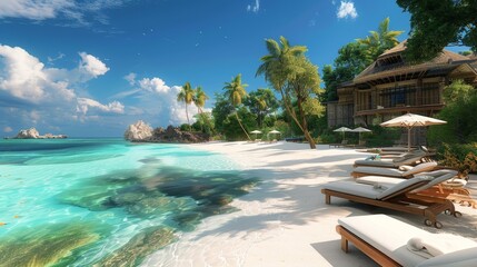A dreamy 3D beach resort with sun loungers and crystal-clear waters  AI generated illustration