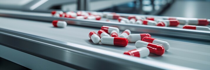 A close-up of capsules on a production line, representing medication manufacture and healthcare - obrazy, fototapety, plakaty