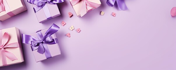 Gift boxes with ribbon on lavender background, flat lay, banner with copy space for photo text or product, blank empty copyspace