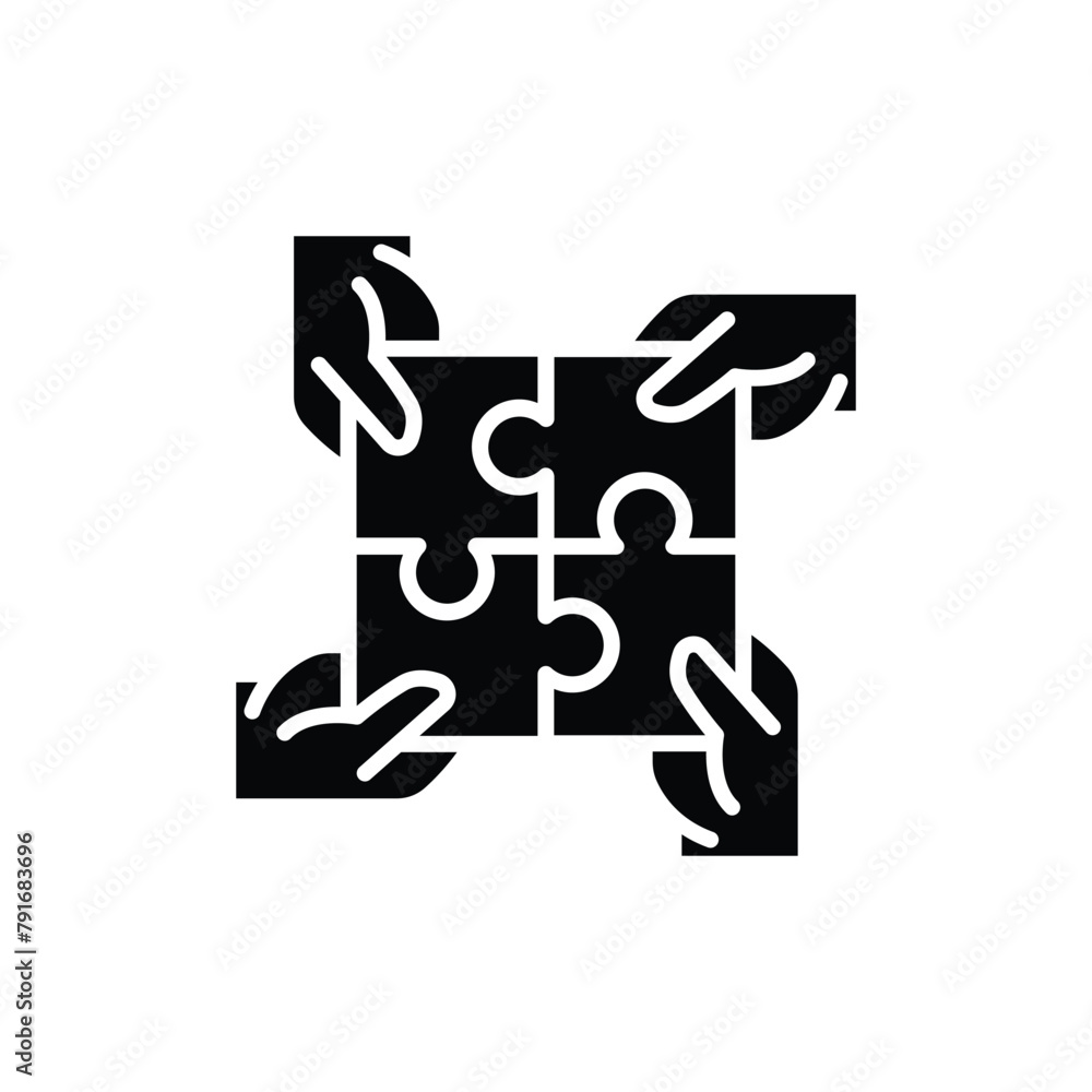 Poster hands connecting puzzle icon. simple solid style. 4 hands connecting four puzzle pieces into a full 