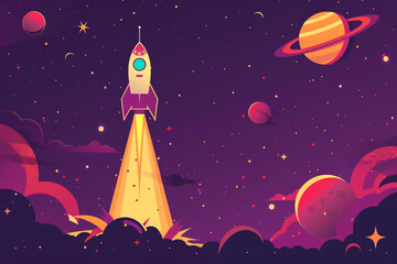Rocket in outer space with planets and stars illustrated