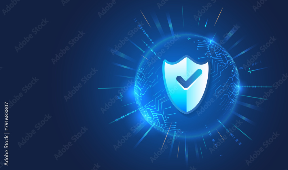 Poster Data security system, information, or network protection. Cyber security and data protection. Shield icon, future technology for verification. Abstract high tech background.