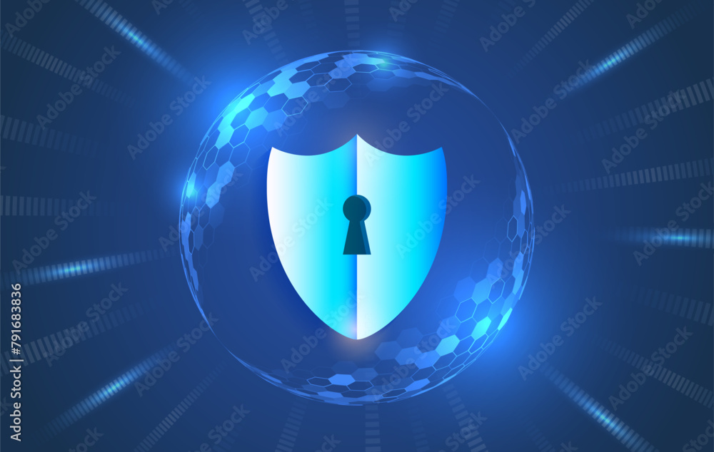 Poster Data security system, information, or network protection. Cyber security and data protection. Shield icon, future technology for verification. Abstract high tech background.