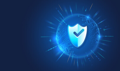 Data security system, information, or network protection. Cyber security and data protection. Shield icon, future technology for verification. Abstract high tech background.