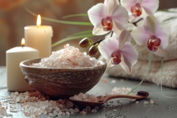 A bowl of sea salt next to a candle. Perfect for spa or relaxation concepts - obrazy, fototapety, plakaty