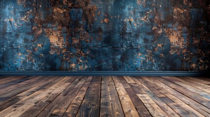 A room with a blue wall and wooden flooring, AI - Powered by Adobe