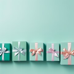 Gift boxes with ribbon on mint green background, flat lay, banner with copy space for photo text or product, blank empty copyspace