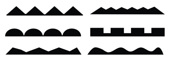 Triangle, Scalloped, Rectangle, Curved Shaped Border, Silhouette decoration Border, Simple Geometric Shape Dividers isolated on white background.