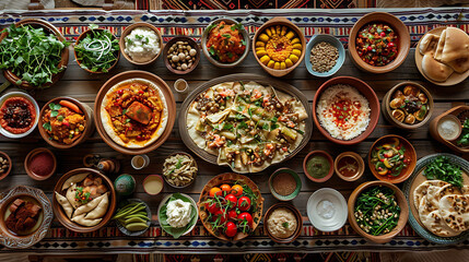 Traditional Uzbek oriental cuisine, Uzbek family table from different dishes for the New Year...