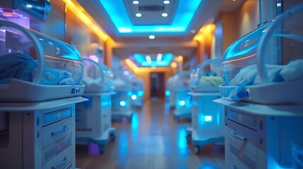 Neonatal unit with incubators and attentive nursing care, soft focus and warm tones - obrazy, fototapety, plakaty