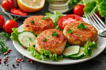 Delicious plate of crab cakes with fresh lettuce and juicy tomatoes. Perfect for seafood lovers or restaurant menus